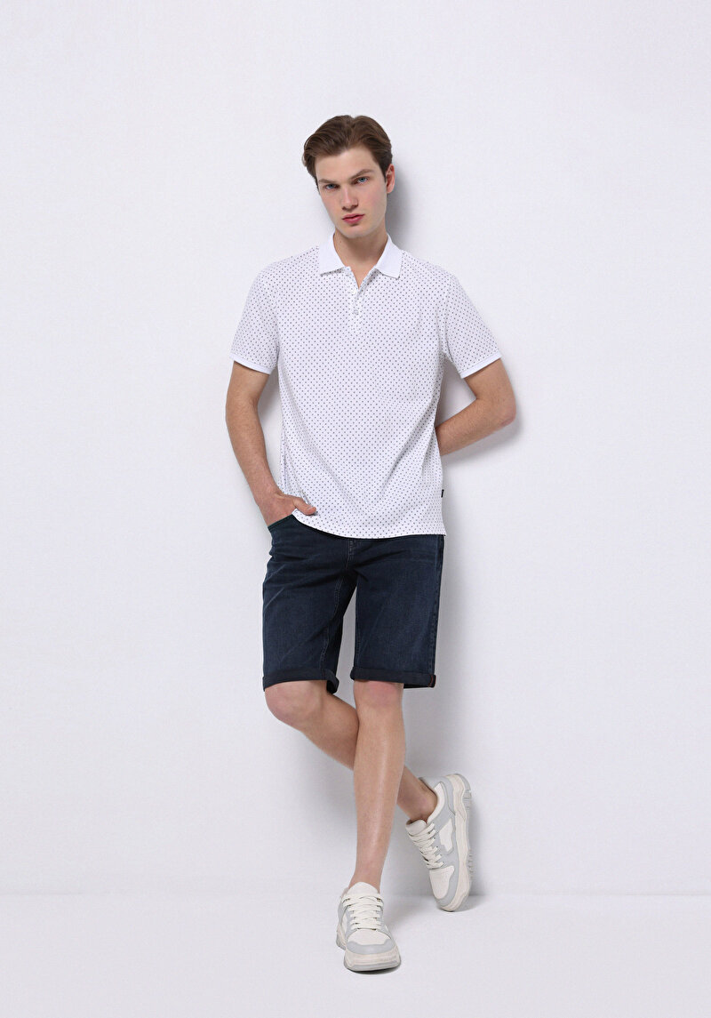 Regular Fit Polo Yaka Baskılı Erkek Beyaz Kısa Kol Tişört