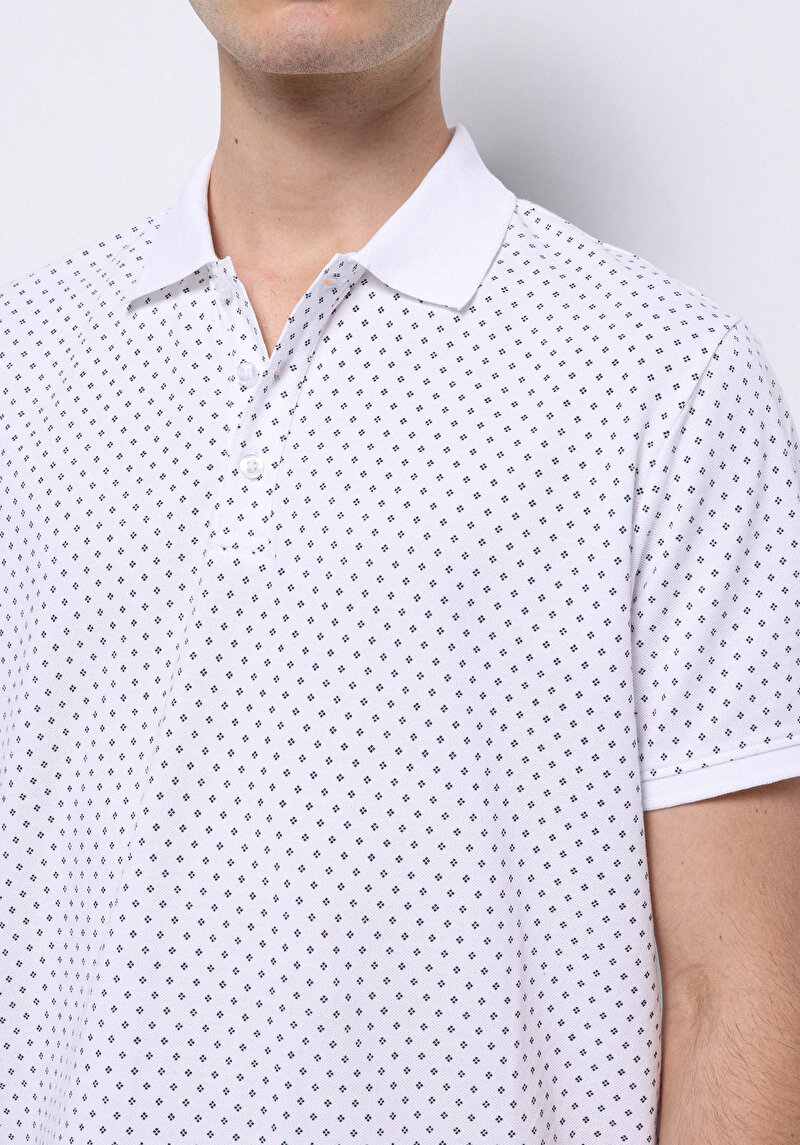 Regular Fit Polo Yaka Baskılı Pamuklu Erkek Beyaz Kısa Kol Tişört