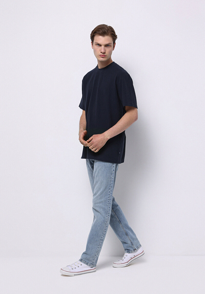 Comfort Fit Yuvarlak Yaka Düz Erkek Lacivert Kısa Kol Tişört