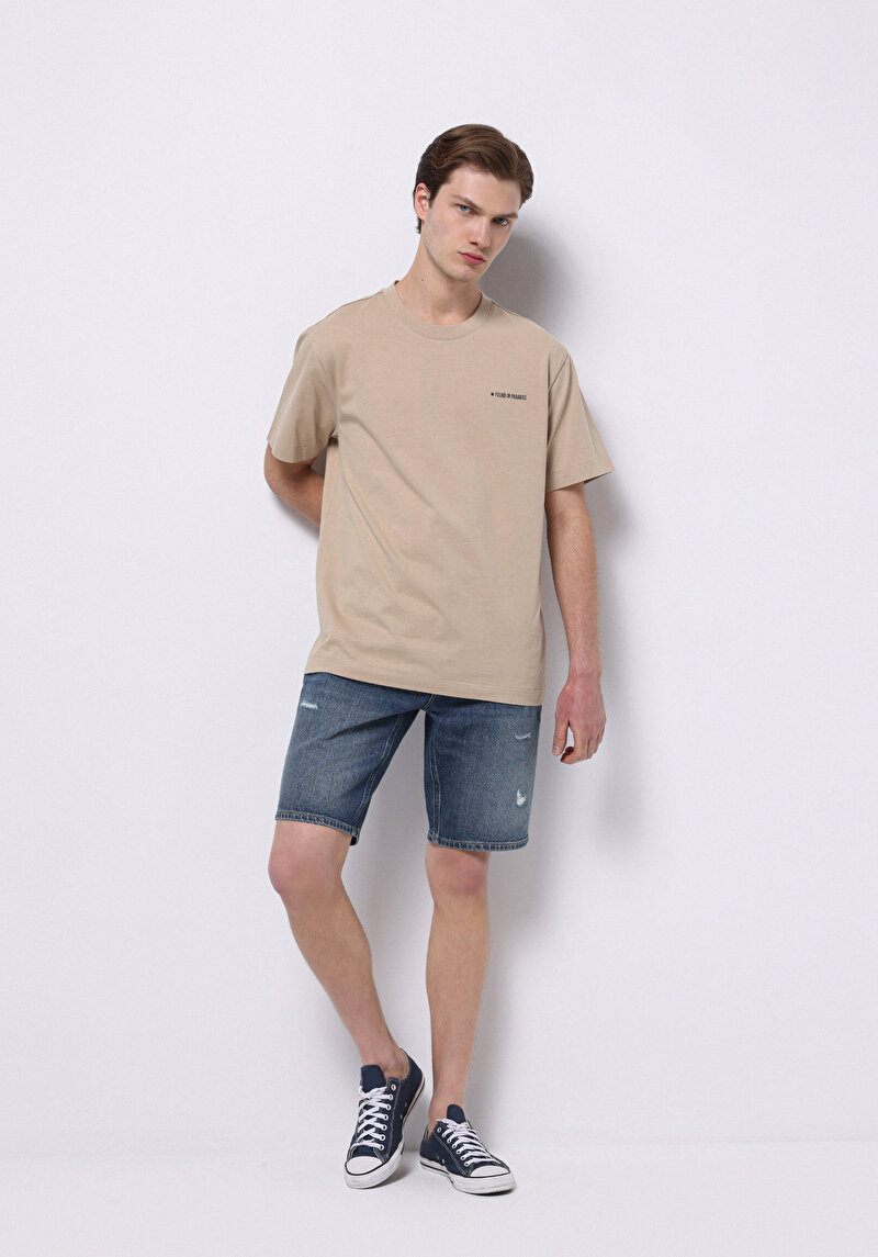 Regular Fit Orta Bel Düz Erkek İndigo Jean Şort