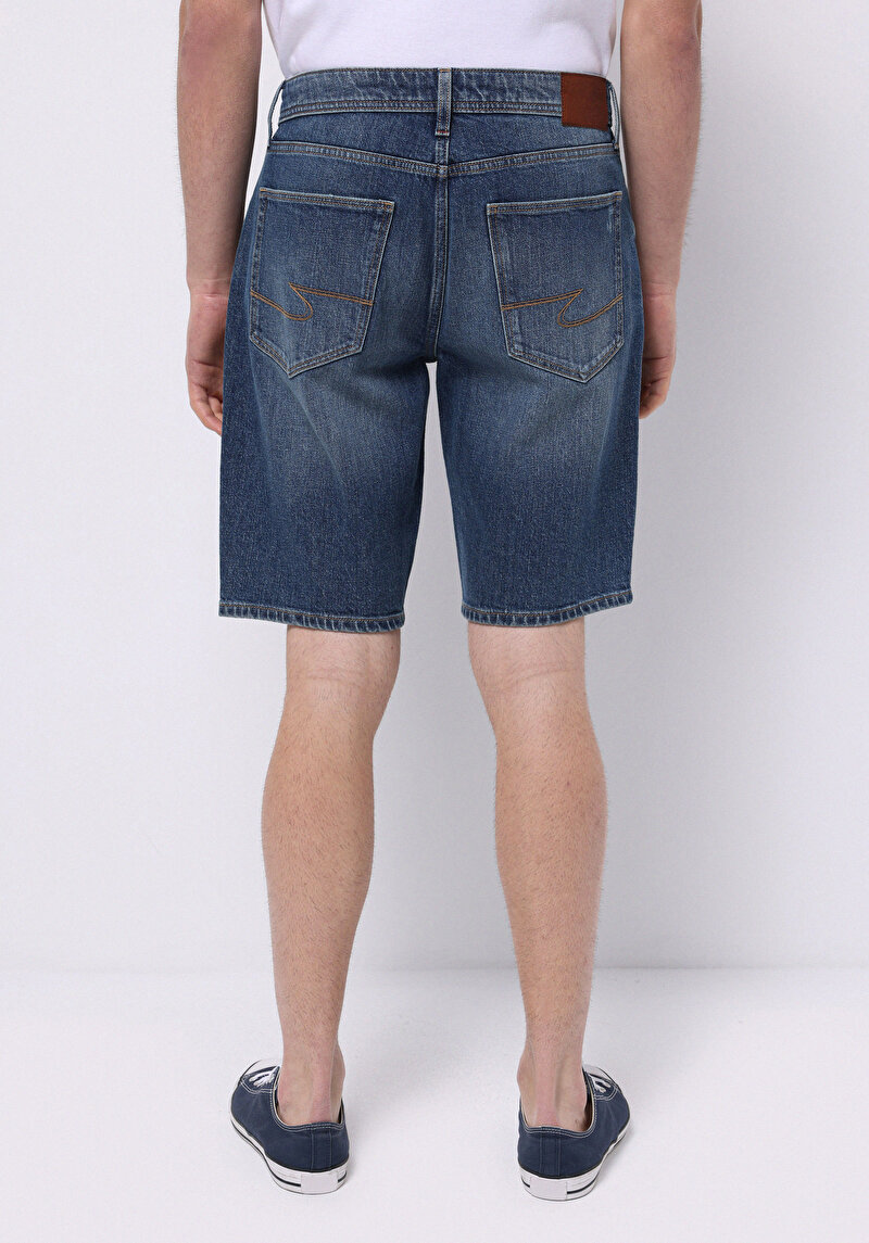 Regular Fit Orta Bel Düz Erkek İndigo Jean Şort