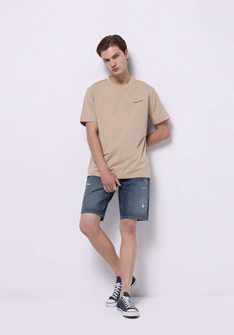 Regular Fit Orta Bel Düz Erkek İndigo Jean Şort