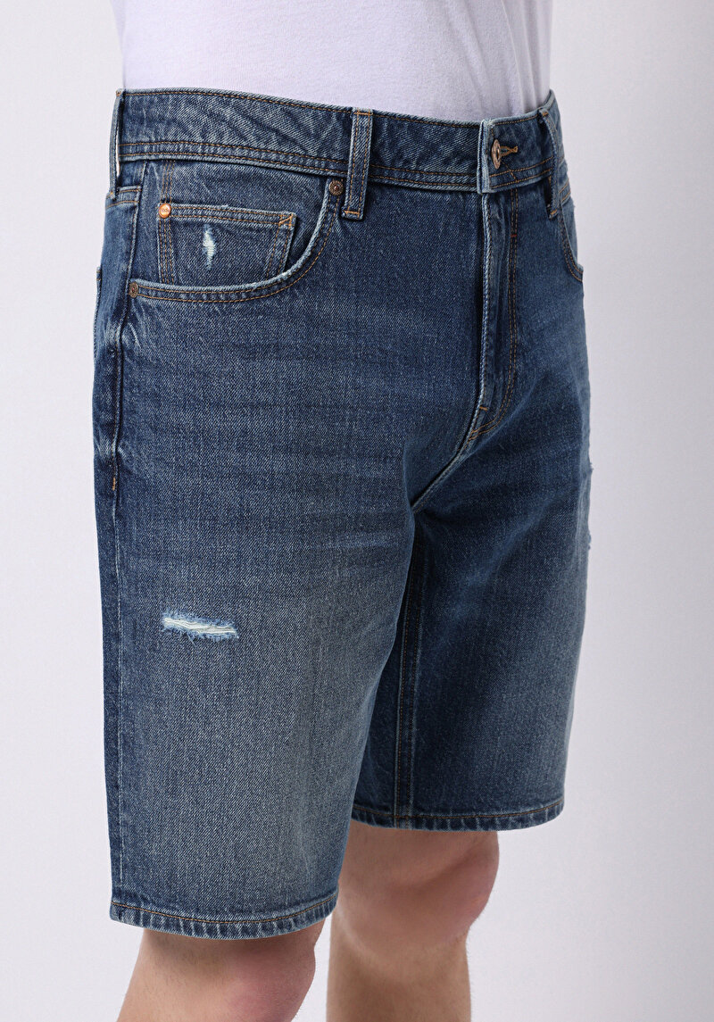 Regular Fit Orta Bel Düz Erkek İndigo Jean Şort