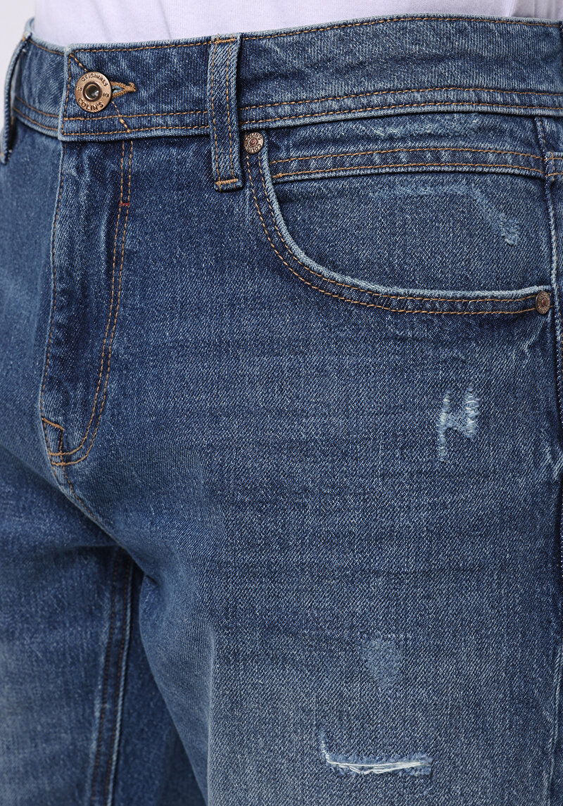 Regular Fit Orta Bel Düz Erkek İndigo Jean Şort