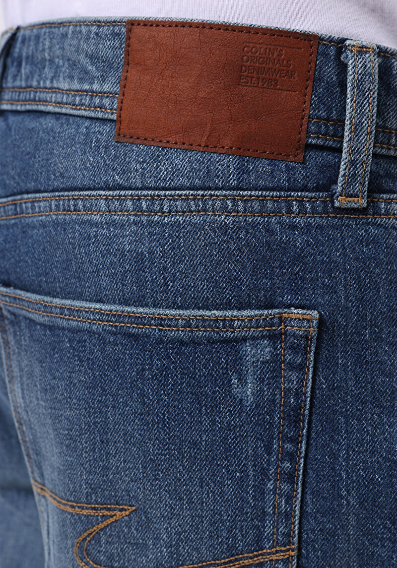 Regular Fit Orta Bel Düz Erkek İndigo Jean Şort