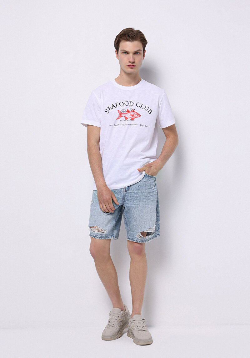 Loose Straight Fit Orta Bel Düz Erkek İndigo Jean Şort