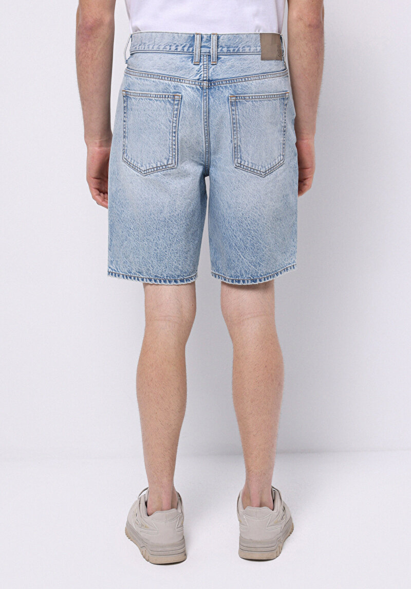 Loose Straight Fit Orta Bel Düz Erkek İndigo Jean Şort