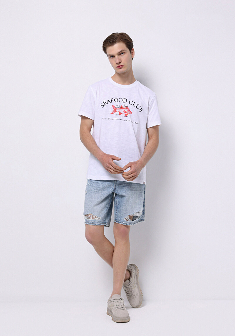 Loose Straight Fit Orta Bel Düz Erkek İndigo Jean Şort