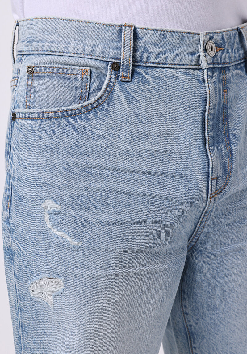 Loose Straight Fit Orta Bel Düz Erkek İndigo Jean Şort