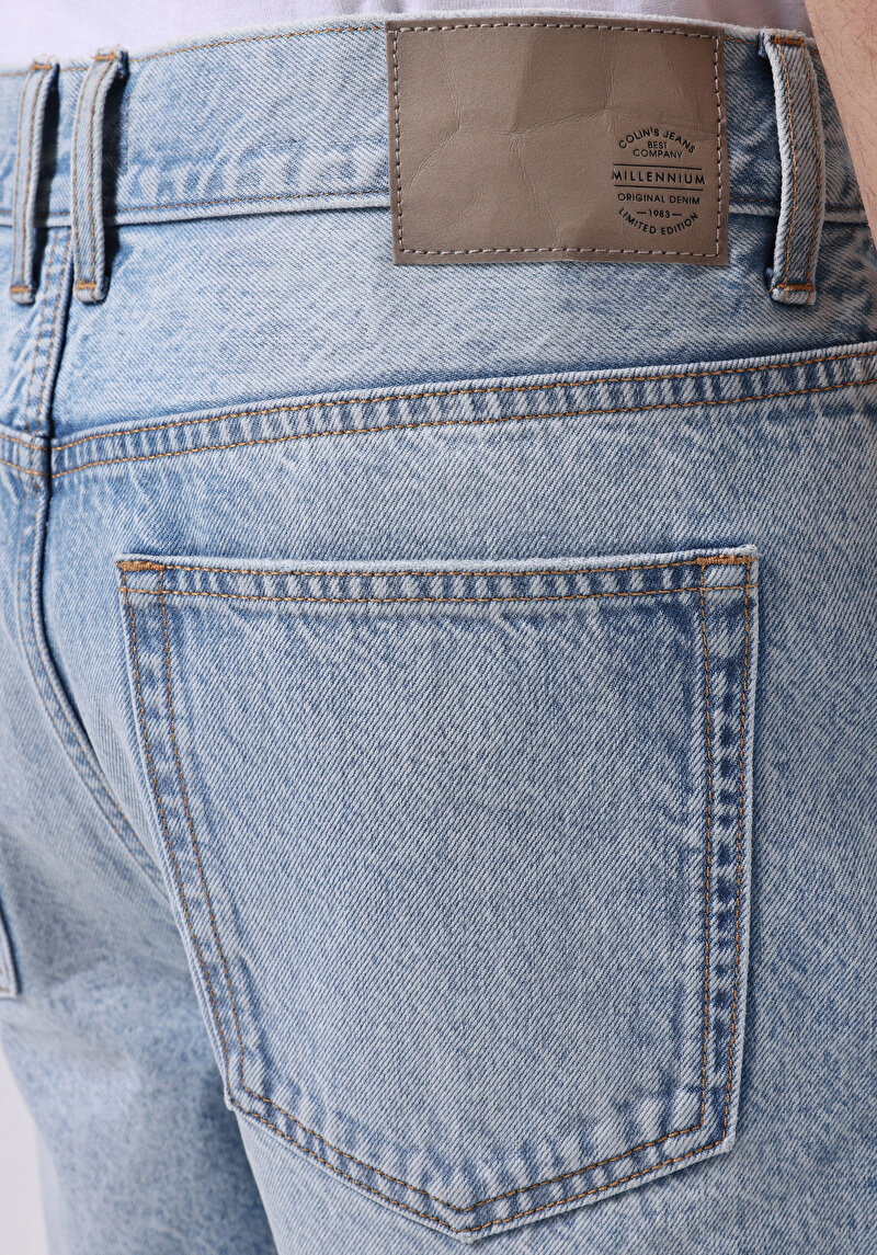 Loose Straight Fit Orta Bel Düz Erkek İndigo Jean Şort