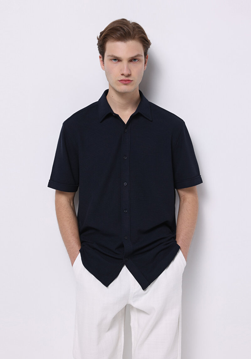 Regular Fit Shirt Neck Jakarlı Erkek Lacivert Kısa Kol Gömlek