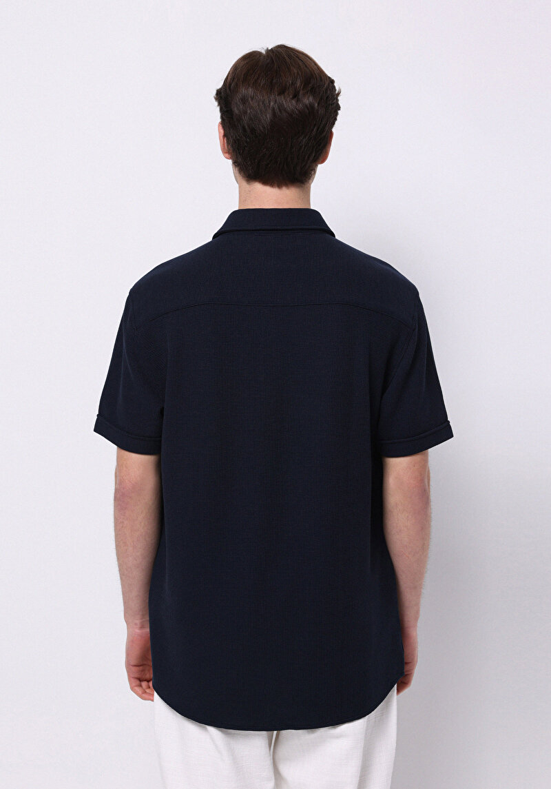 Regular Fit Shirt Neck Jakarlı Erkek Lacivert Kısa Kol Gömlek