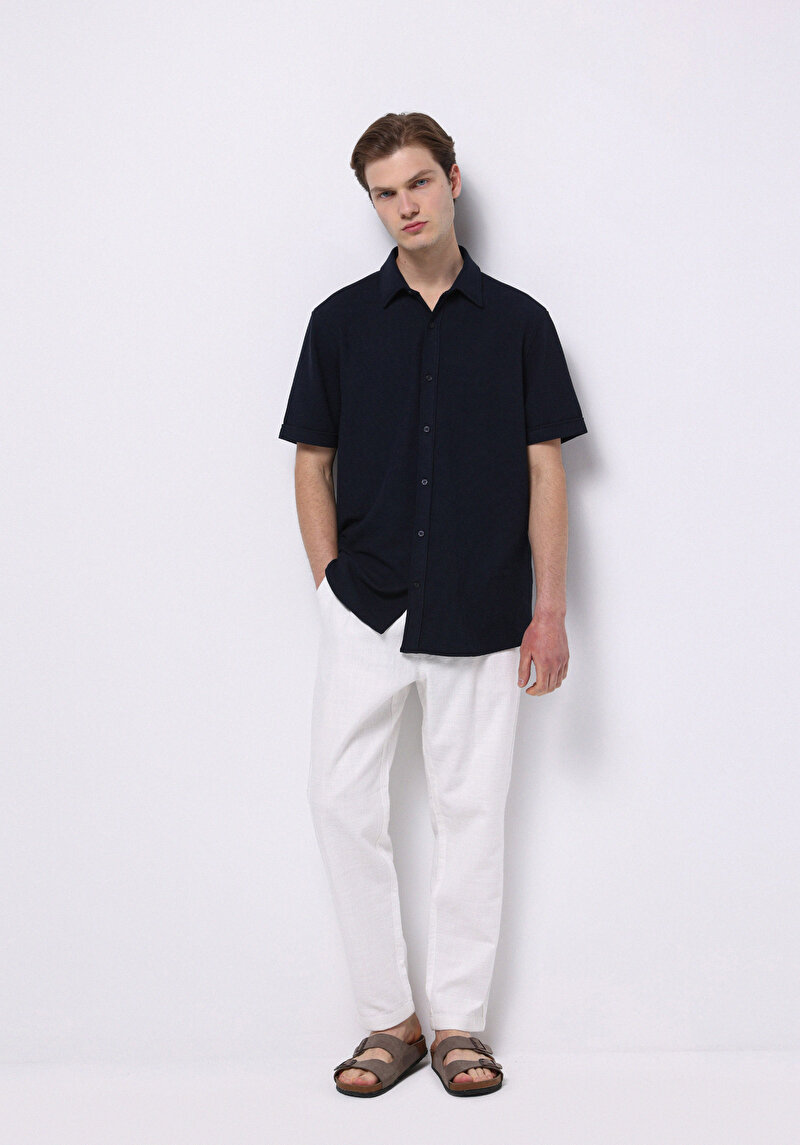 Regular Fit Shirt Neck Jakarlı Erkek Lacivert Kısa Kol Gömlek