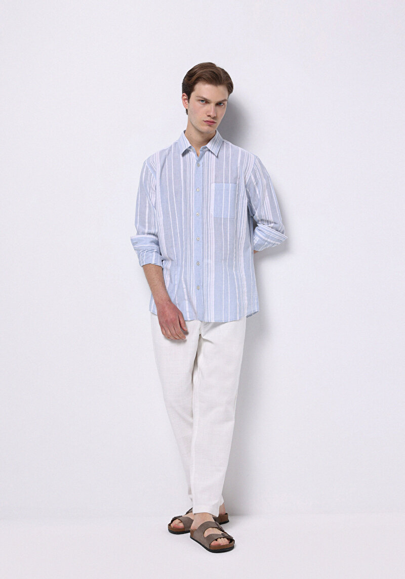 Regular Fit Shirt Neck Çizgili Erkek Açik Mavi Uzun Kol Gömlek