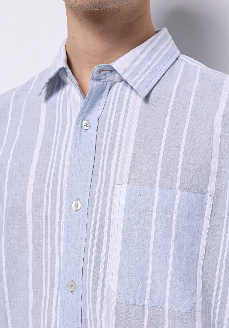 Regular Fit Shirt Neck Çizgili Erkek Açik Mavi Uzun Kol Gömlek