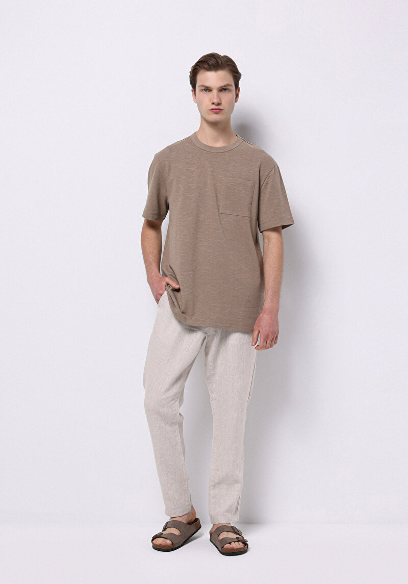 Regular Fit Orta Bel Uzun Paça Erkek Keten Karışımlı Taş  Pantolon