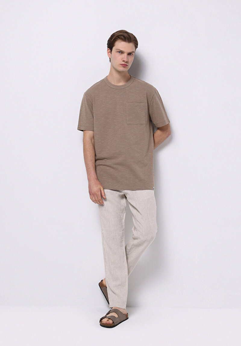 Regular Fit Orta Bel Uzun Paça Erkek Keten Karışımlı Taş  Pantolon