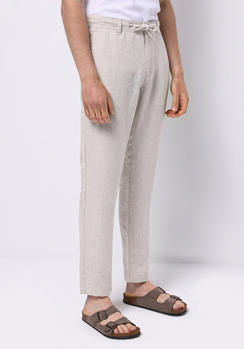 Regular Fit Orta Bel Uzun Paça Erkek Keten Karışımlı Taş  Pantolon
