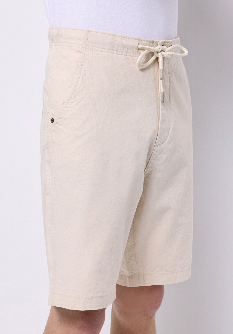 Regular Fit Orta Bel Düz Erkek Bej Jean Şort