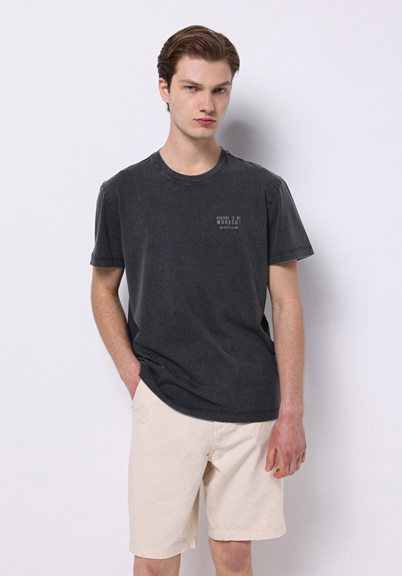 Regular Fit Yuvarlak Yaka Düz Erkek Antrasit Kısa Kol Tişört