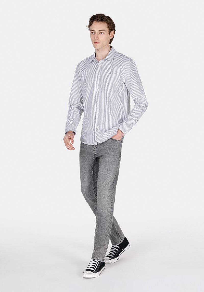 Slim Fit Shirt Neck Çizgili Erkek Gri Uzun Kol Gömlek