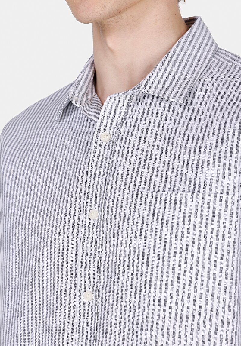 Slim Fit Shirt Neck Çizgili Erkek Gri Uzun Kol Gömlek