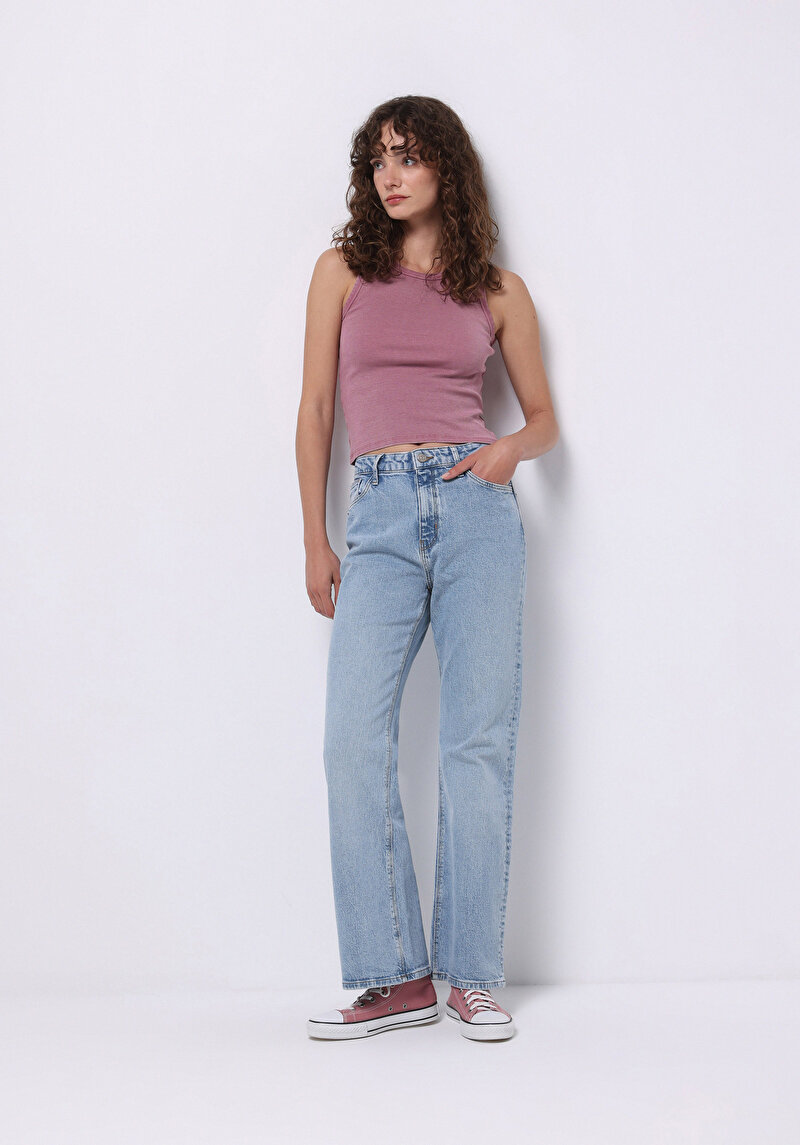 Regular Fit Orta Bel Geniş Paça Kadın İndigo Jean Pantolon