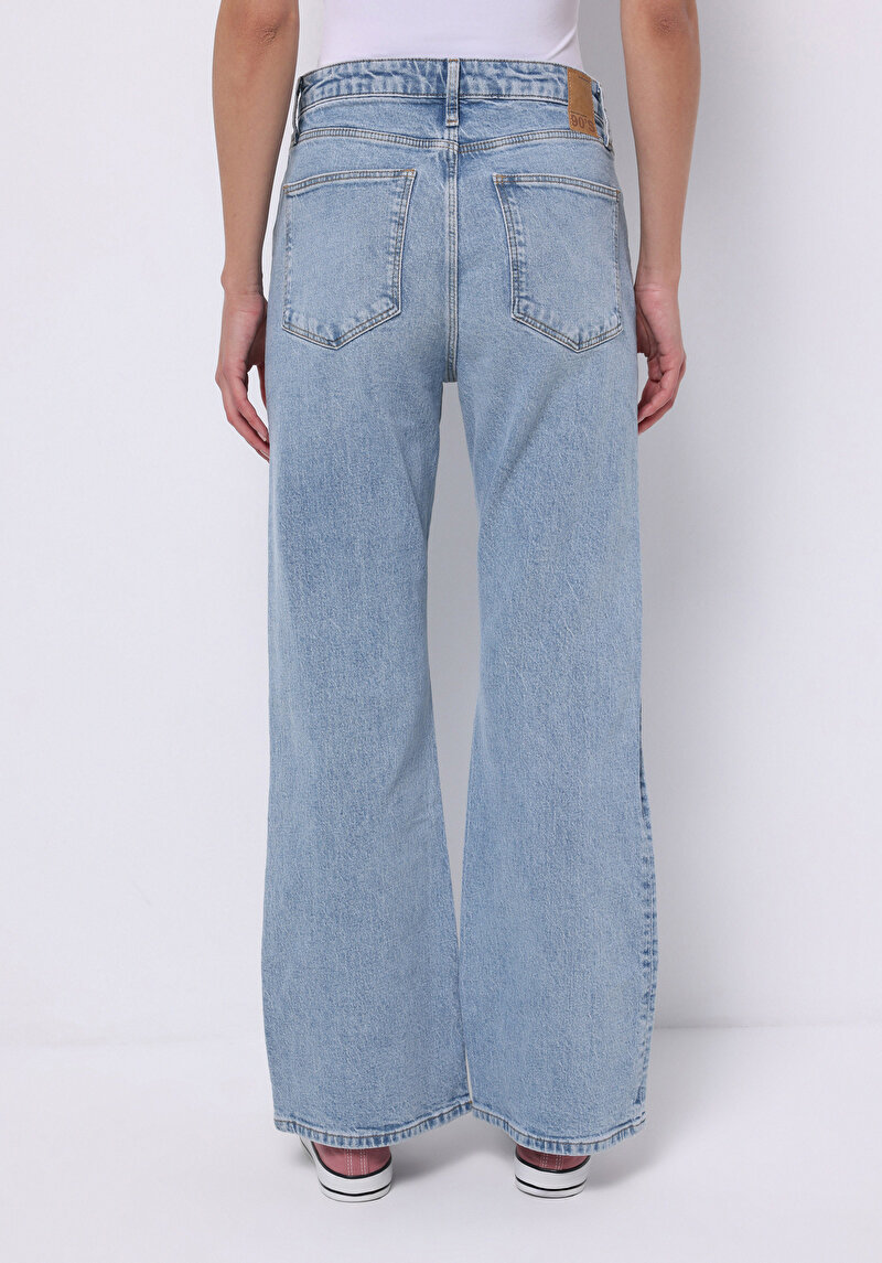 Regular Fit Orta Bel Geniş Paça Kadın İndigo Jean Pantolon