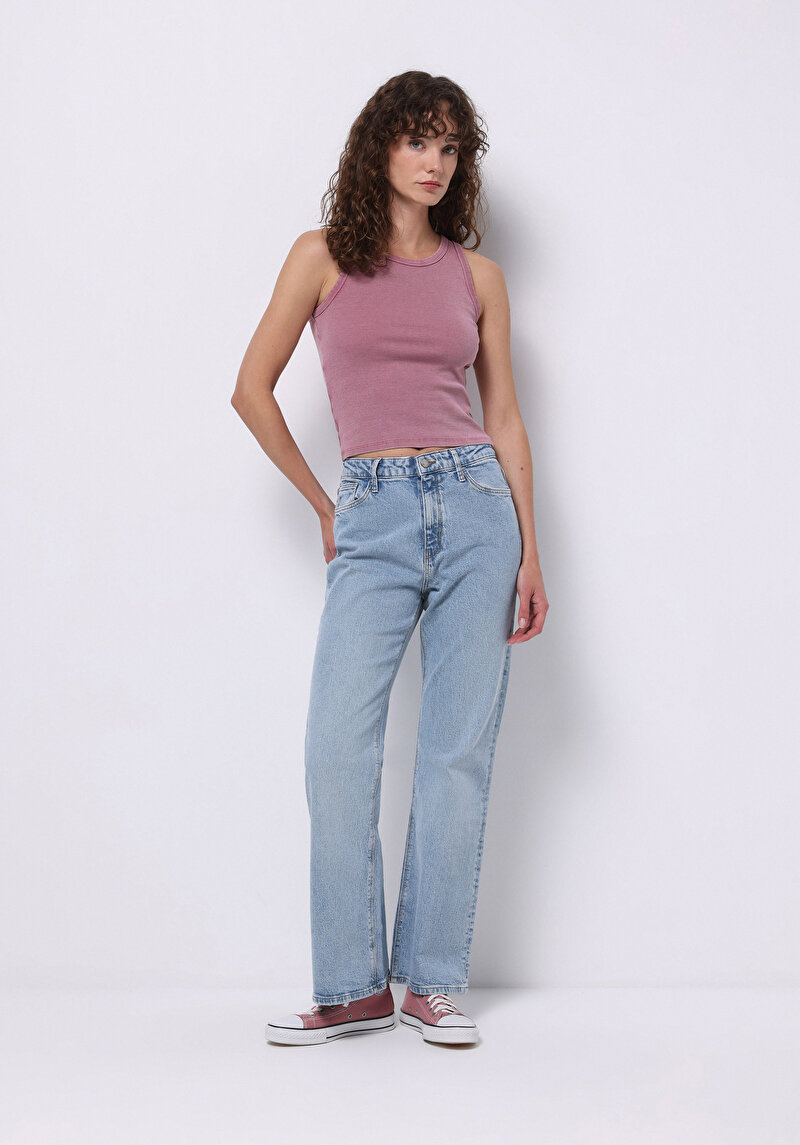 Regular Fit Orta Bel Geniş Paça Kadın İndigo Jean Pantolon