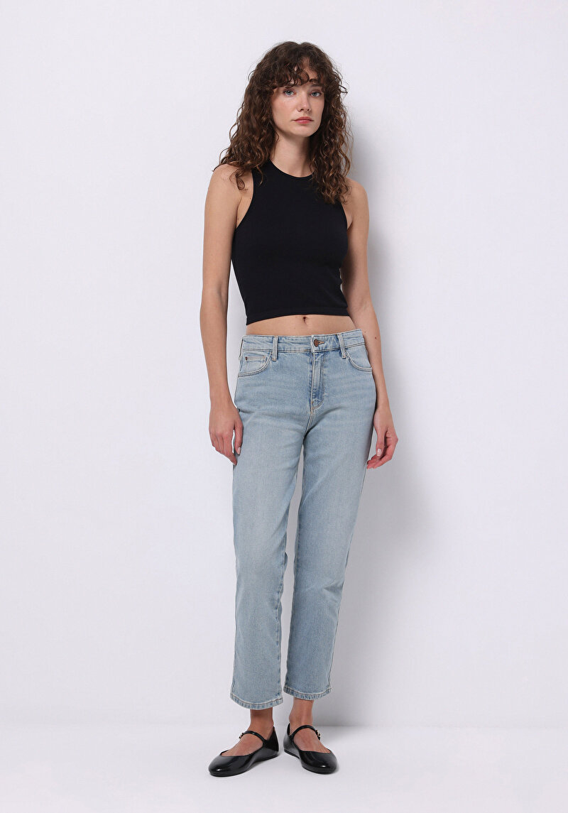 Slim Fit Orta Bel Cigarette Leg Kadın İndigo Jean Pantolon