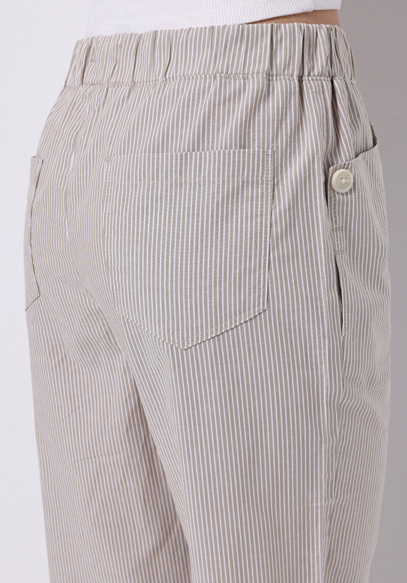 Straıght Fıt Yüksek Bel Geniş Paça Kadın Bej  Pantolon