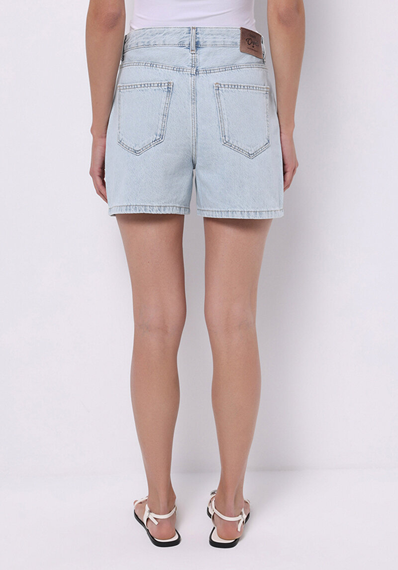 Mom Fit Yüksek Bel Düz Kadın İndigo Jean Şort