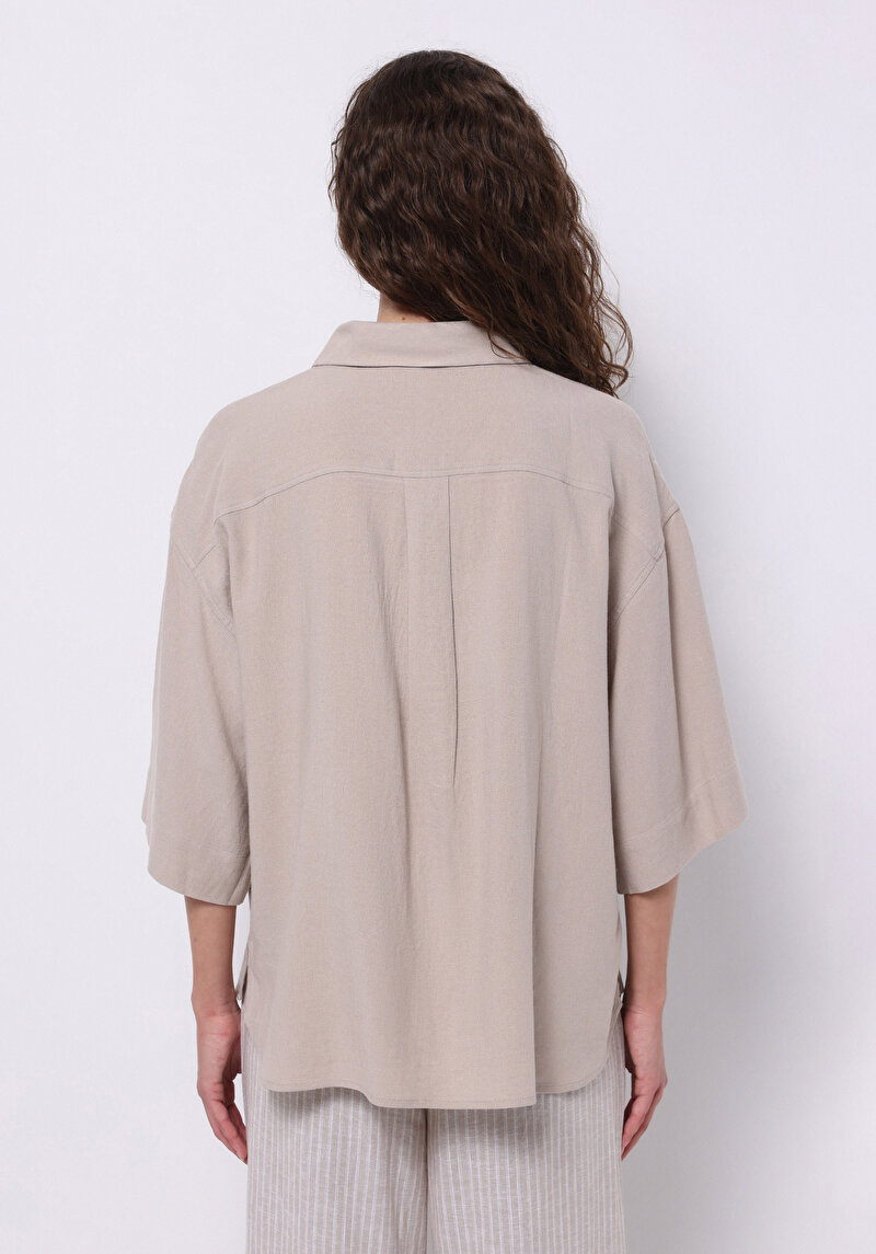 Relaxed Fit Shirt Neck Düz Kadın Bej ¾ Kol Gömlek