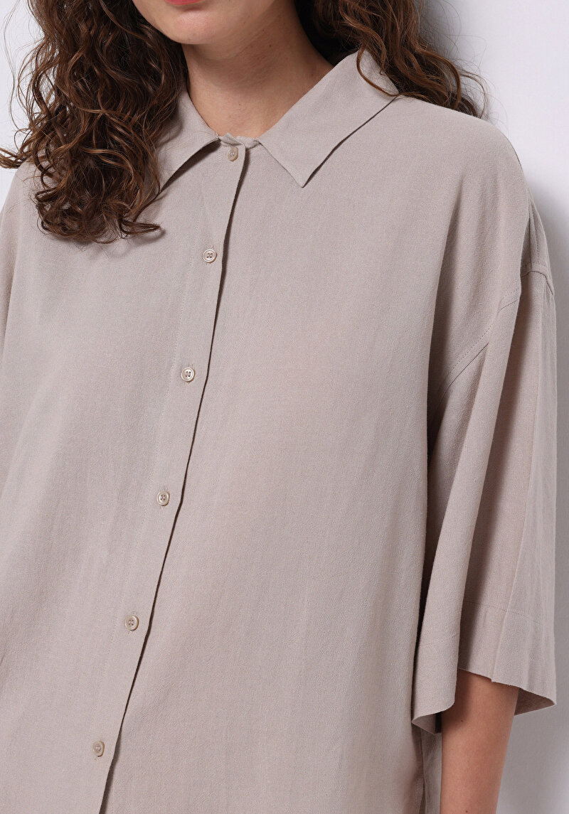 Relaxed Fit Shirt Neck Düz Kadın Bej ¾ Kol Gömlek
