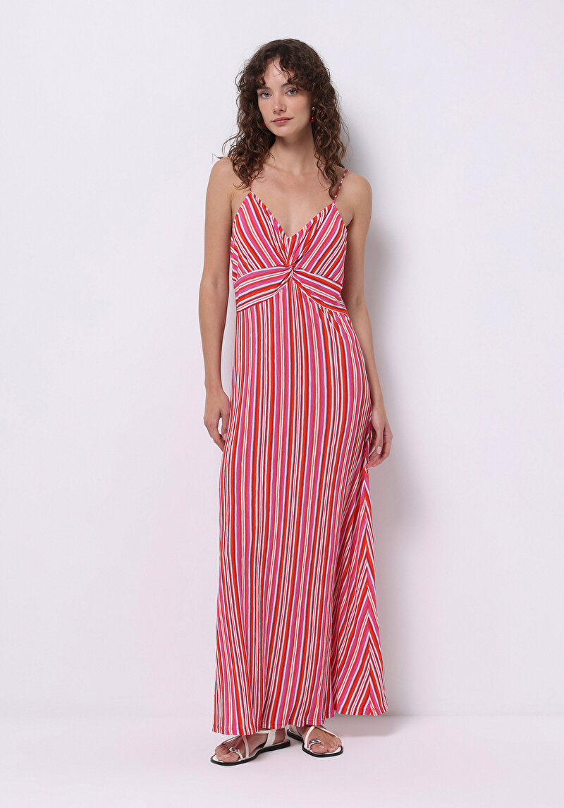 Regular Fit Çizgili Kadın Çok Renkli Askılı Elbise