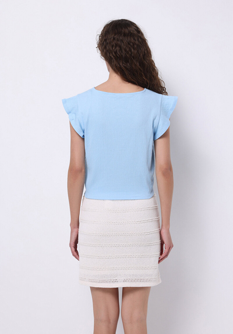 Regular Fit V Yaka Düz Kadın Mavi Kısa Kol Tişört