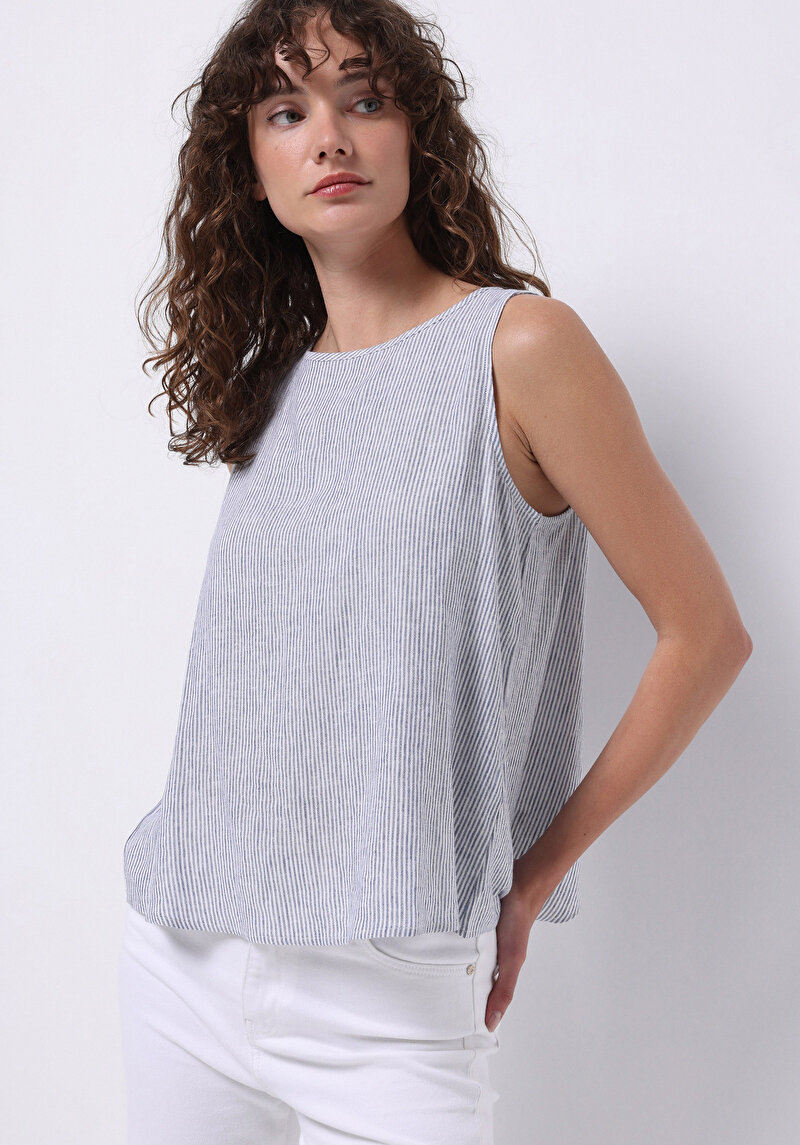 Regular Fit Yuvarlak Yaka Çizgili Kadın Mavi Kolsuz Gömlek