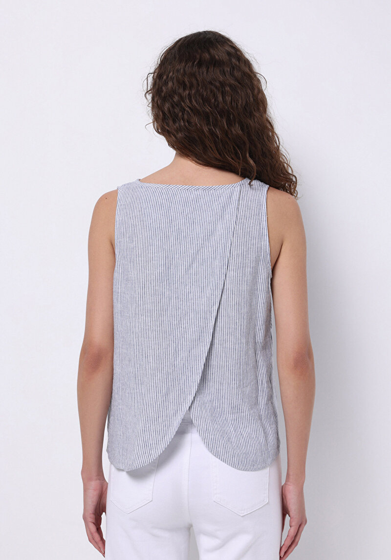 Regular Fit Yuvarlak Yaka Çizgili Kadın Mavi Kolsuz Gömlek