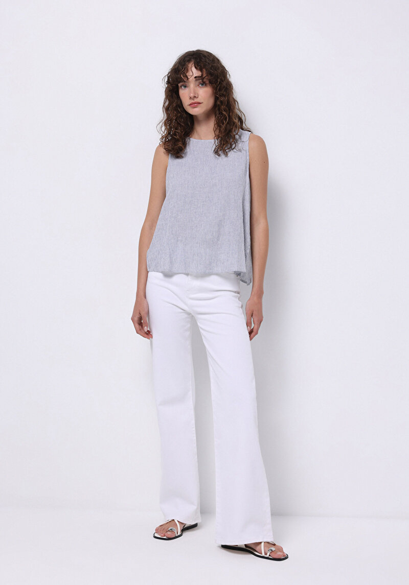 Regular Fit Yuvarlak Yaka Çizgili Kadın Mavi Kolsuz Gömlek