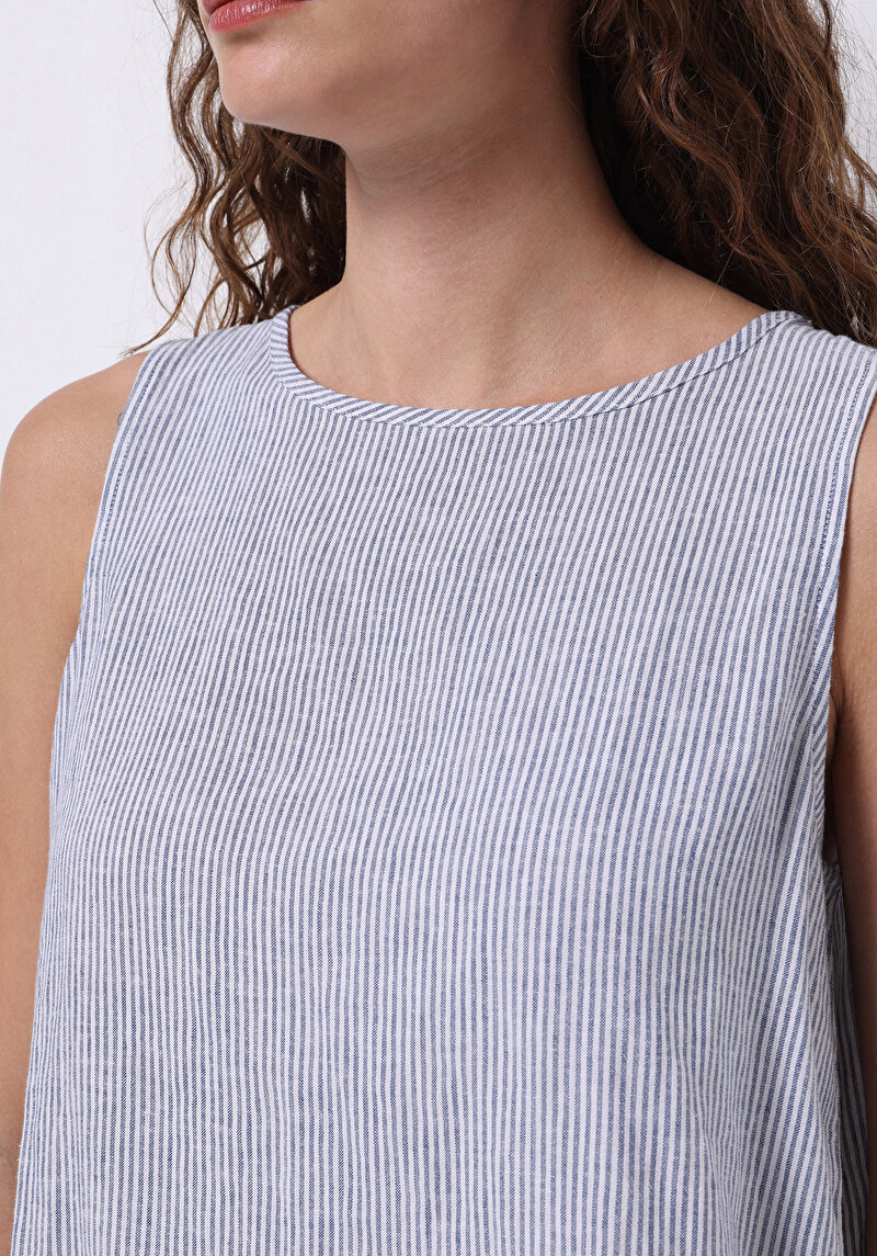 Regular Fit Yuvarlak Yaka Çizgili Kadın Mavi Kolsuz Gömlek