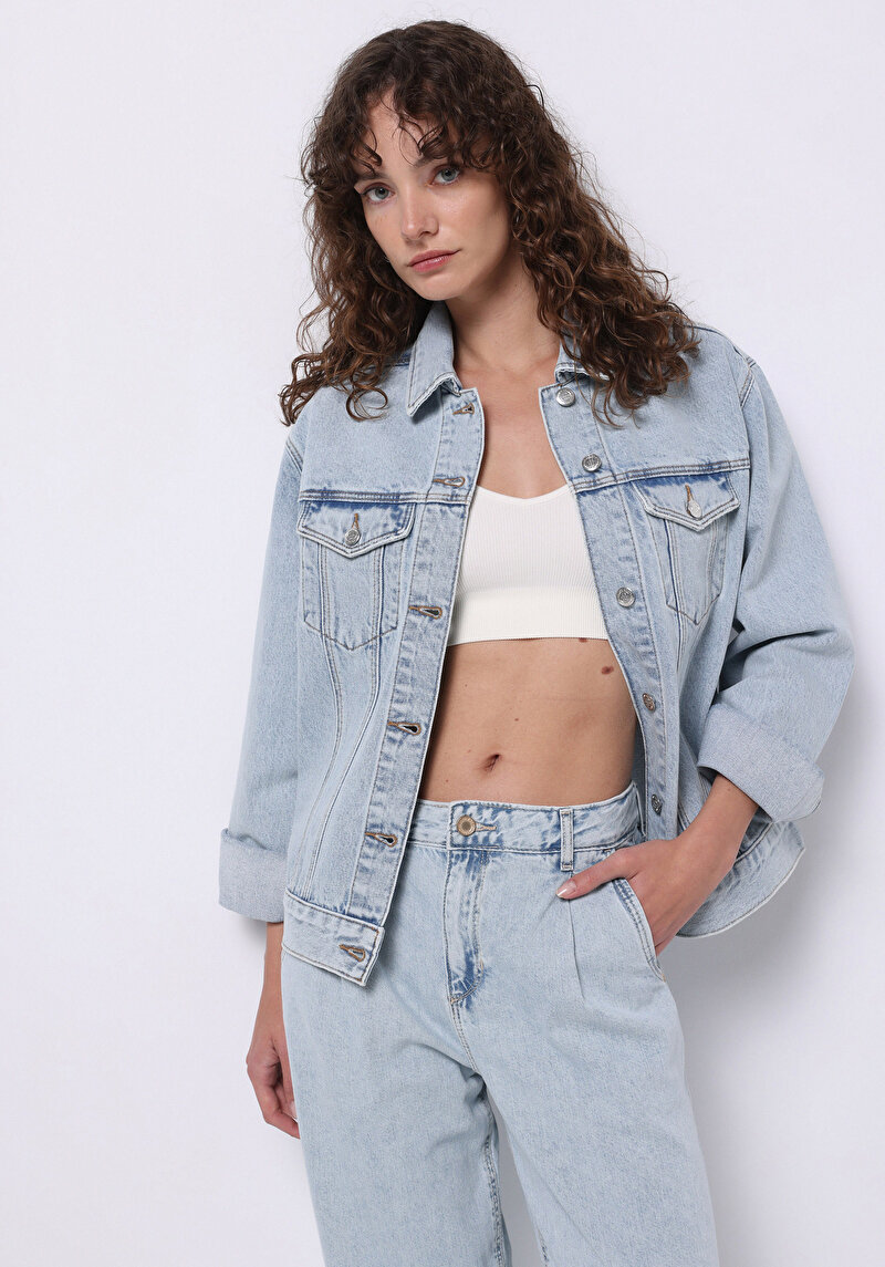 Regular Fit Düğmeli Astarsız Kadın Mavi Ceket