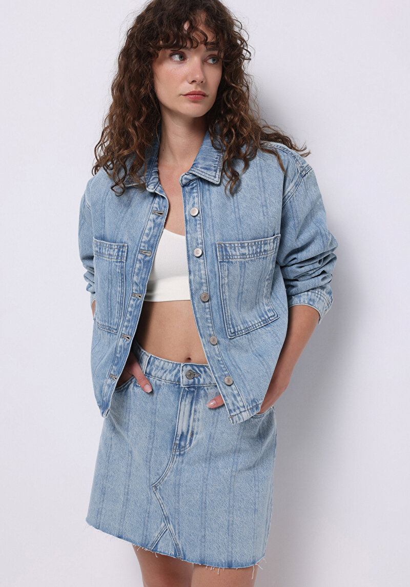 Oversize Fit Fermuarlı Astarsız Kadın Mavi Ceket