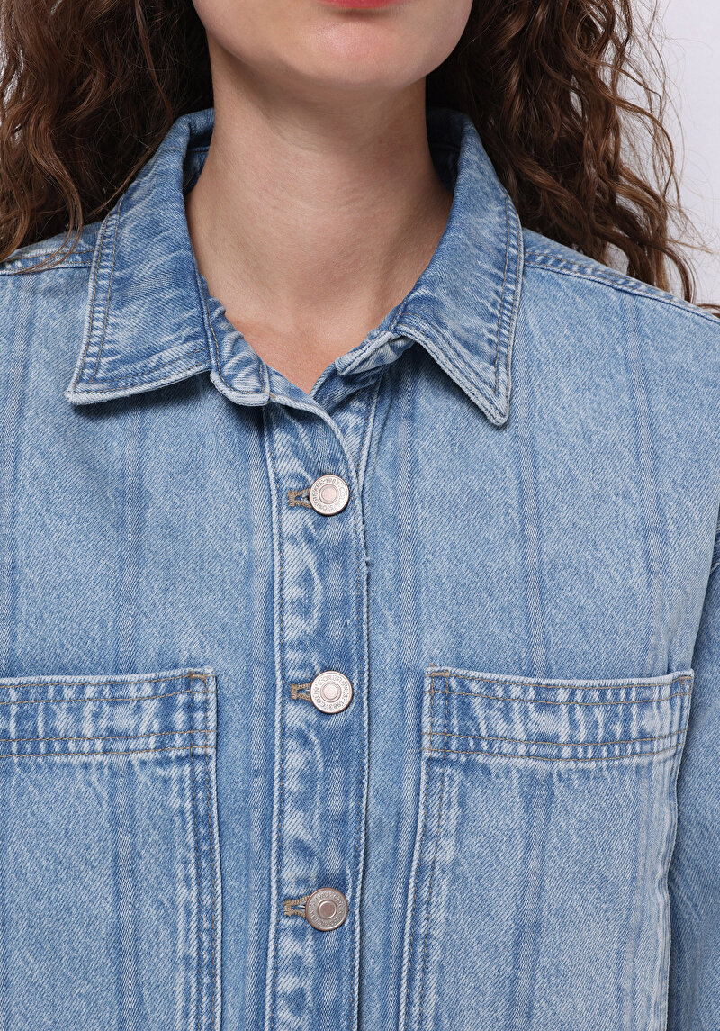 Oversize Fit Fermuarlı Astarsız Kadın Mavi Ceket