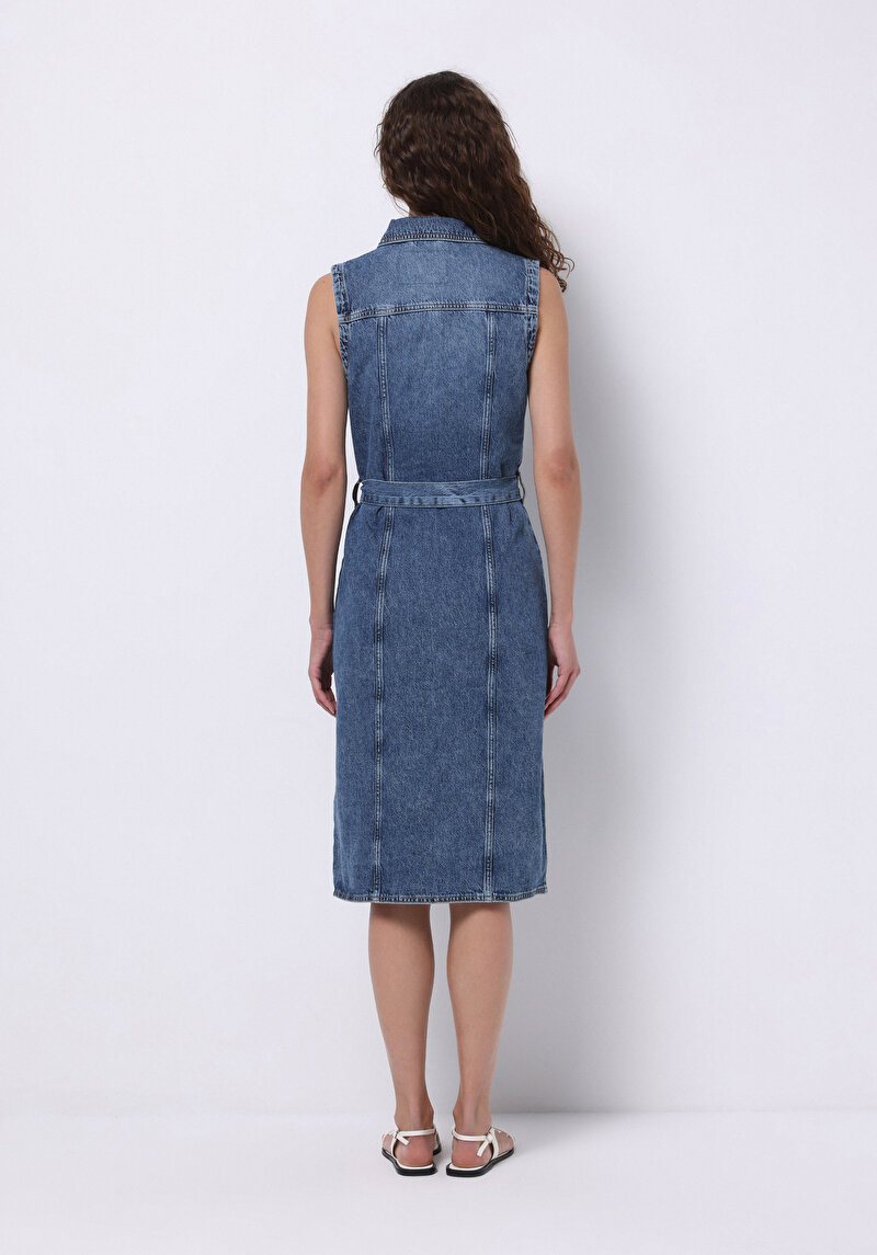 Slim Fit Düz Kadın Mavi Kolsuz Elbise