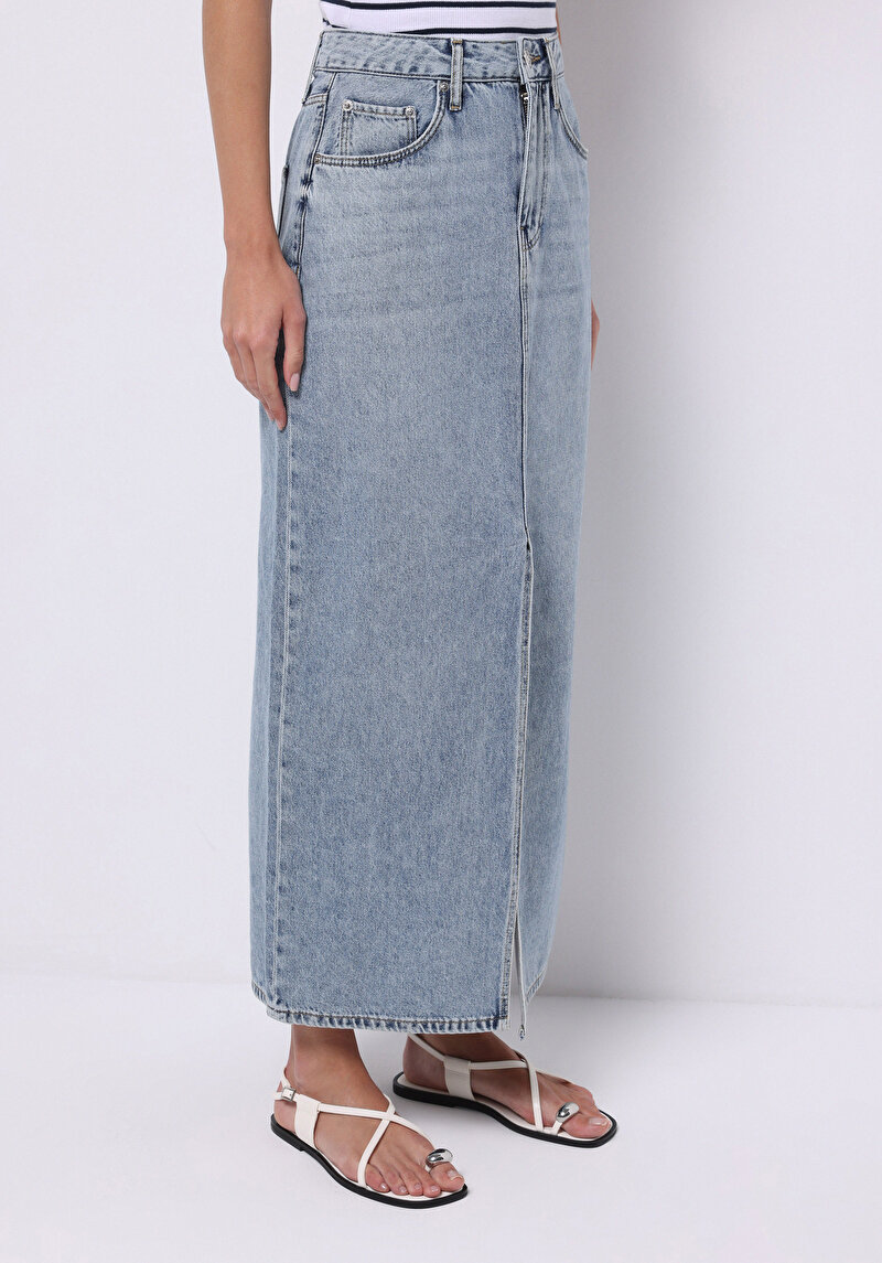 Slim Fit Düz Fermuarlı Kadın Açik Mavi Etek