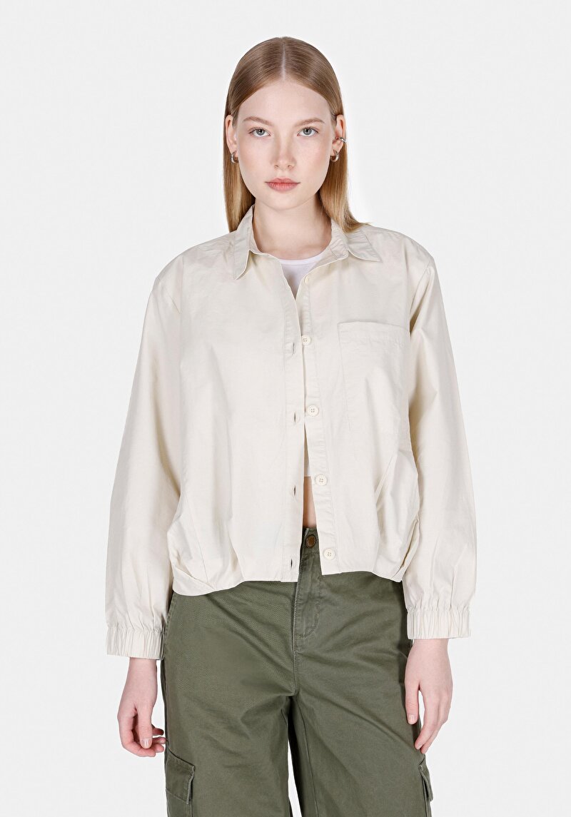 Regular Fit Shirt Neck Düz Kadın Bej Uzun Kol Gömlek