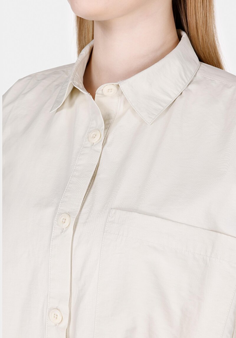 Regular Fit Shirt Neck Düz Kadın Bej Uzun Kol Gömlek
