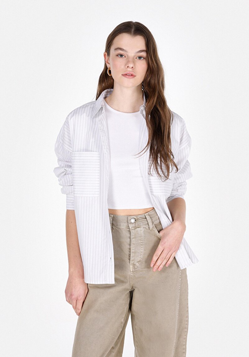 Regular Fit Shirt Neck Çizgili Kadın Beyaz Uzun Kol Gömlek