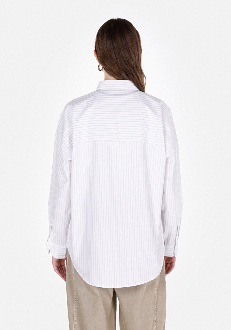 Regular Fit Shirt Neck Çizgili Kadın Beyaz Uzun Kol Gömlek