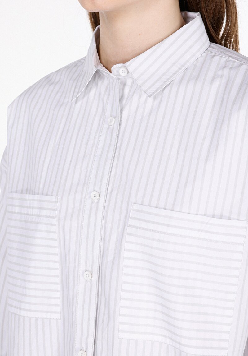 Regular Fit Shirt Neck Çizgili Kadın Beyaz Uzun Kol Gömlek